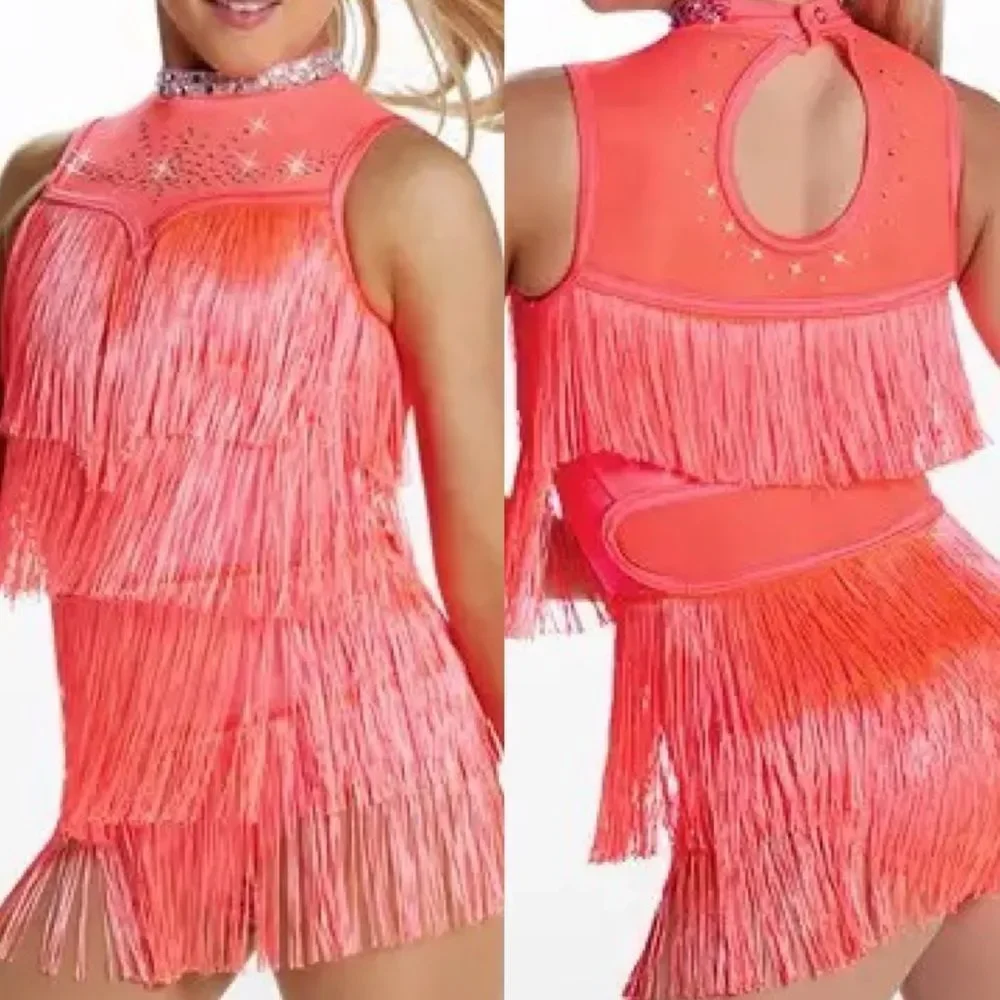WEISSMAN Dance Costume stoned fringe coral pink Call Me 16736 IC- child 7/8